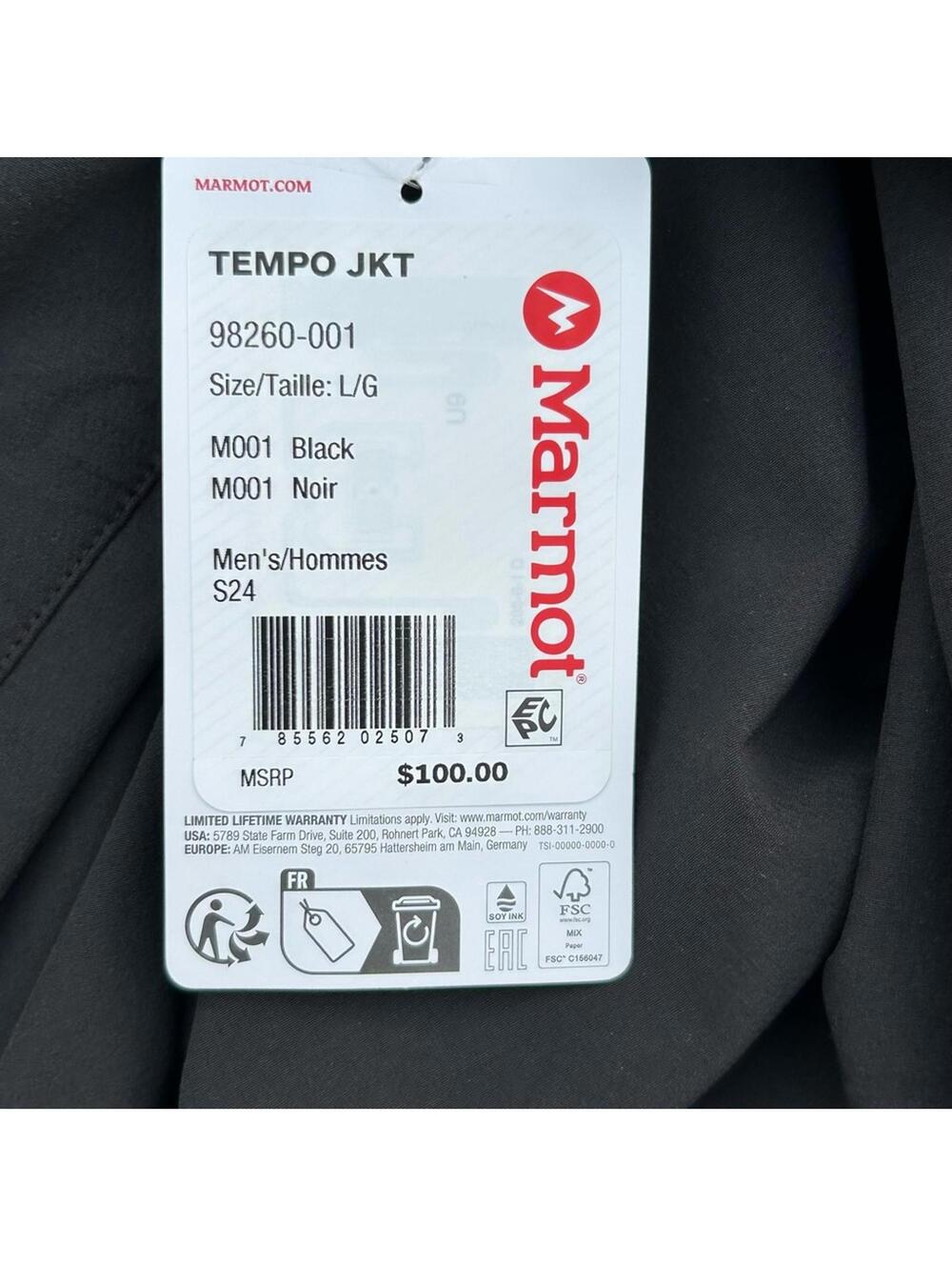 MARMOT Men’s Black Softshell Tempo Jacket 8260-001 | Size Large | NEW with Tags